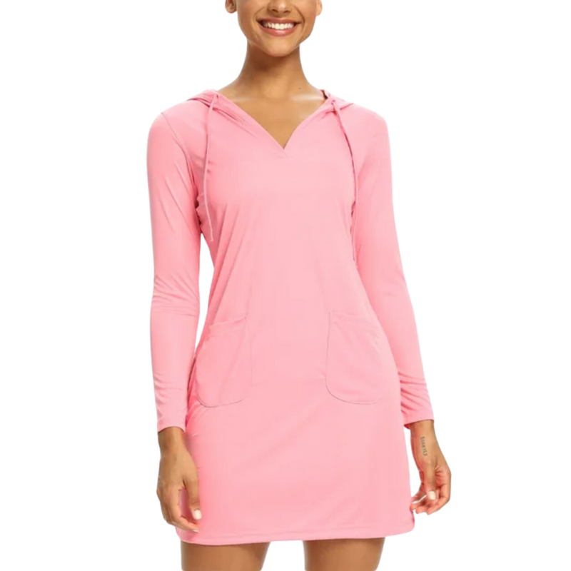 Female model wearing a pink Sun Protection Cover-Up Dress that has pockets and a drawstring hood.