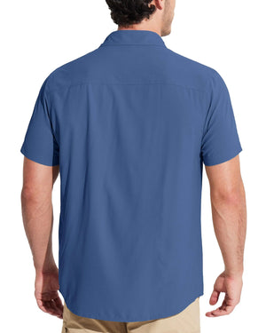 Male model with back turned wearing a blue quick drying short sleeve shirt.