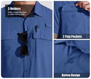 Blue shirt with chest pockets, pen pocket and sunglass loop.