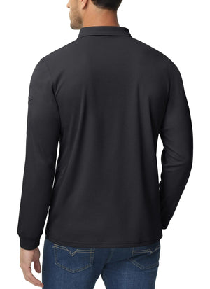 Man with back turned wearing a black long sleeve polo shirt.