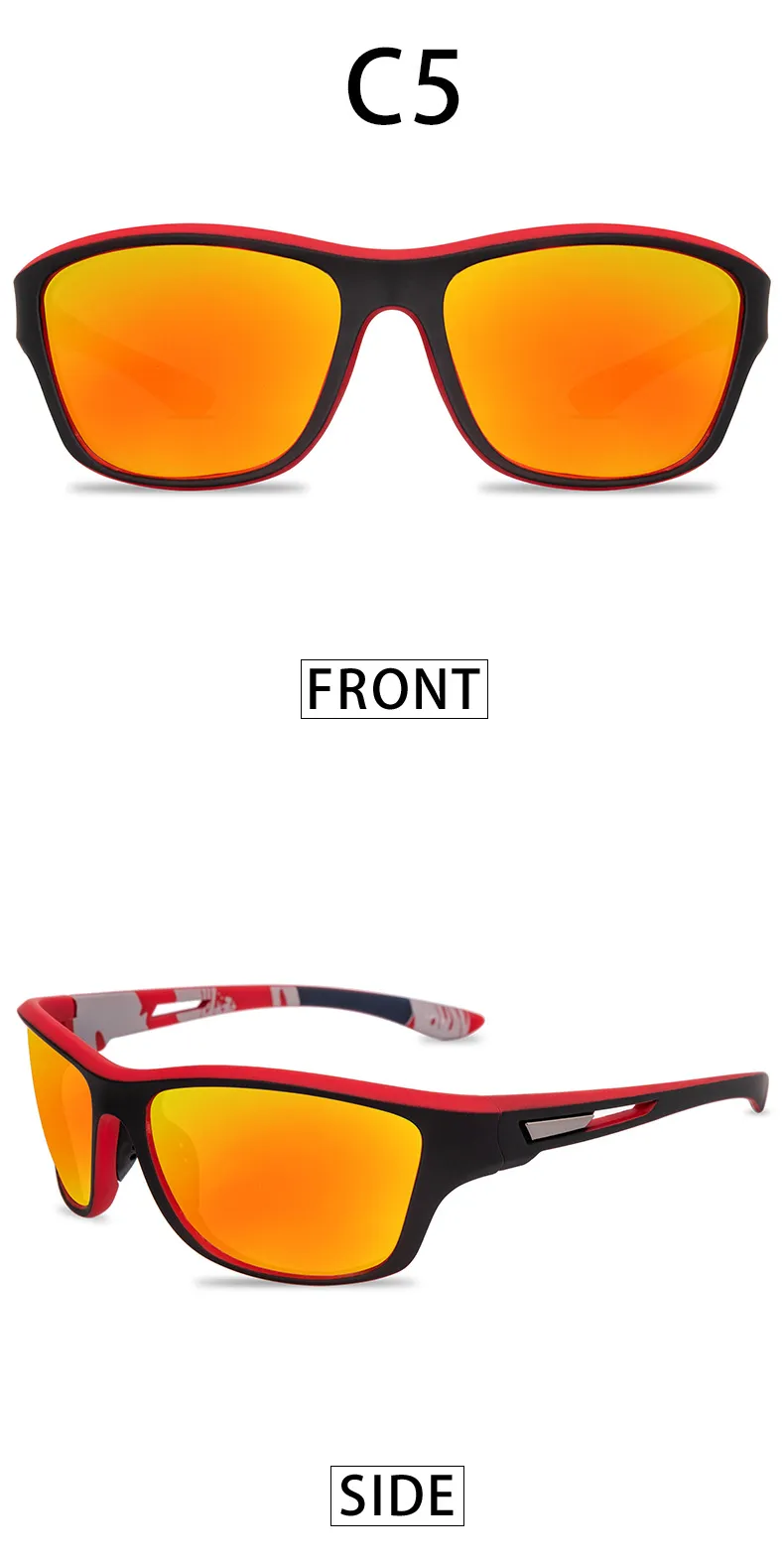 A pair of red polarised fishing sunglasses. Front and side profile.