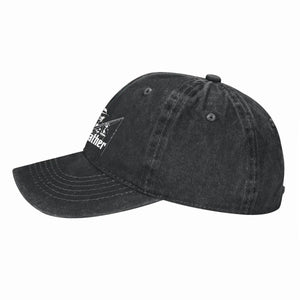 Black denim cap with a brand logo on a white background.