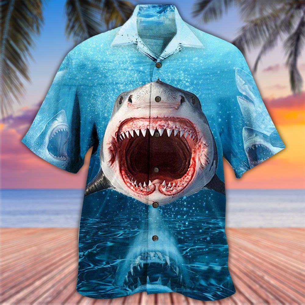 Men's Hawaiian shirt with a big great white shark showing its teeth with mouth open. 