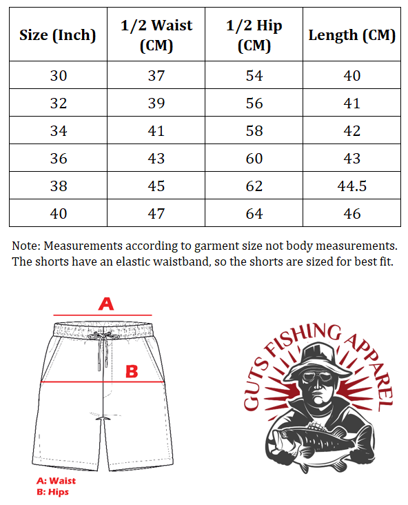 A size chart showing the measurements for the Quick Dry Zip Pocket Shorts.