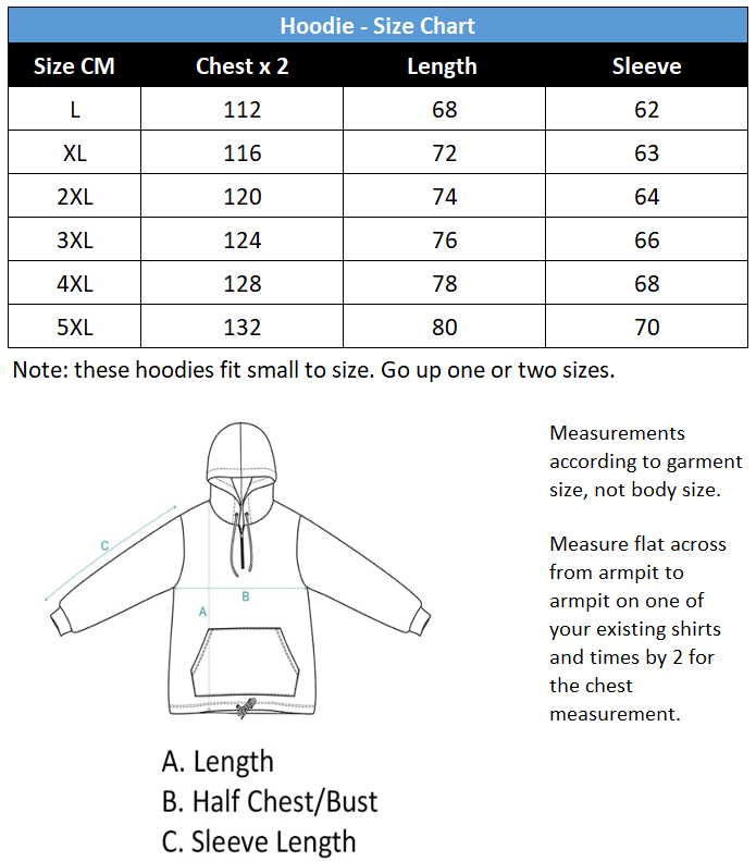 Deer Hunter Hoodie size chart.