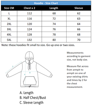 Deer Hunter Hoodie size chart.