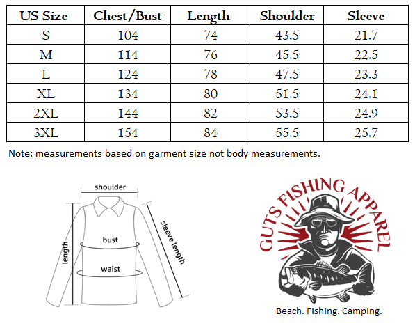 Size measurements for men's American size Hawaiian shirt with the Guts Fishing Apparel logo.