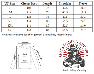Size measurements for men's American size Hawaiian shirt with the Guts Fishing Apparel logo.