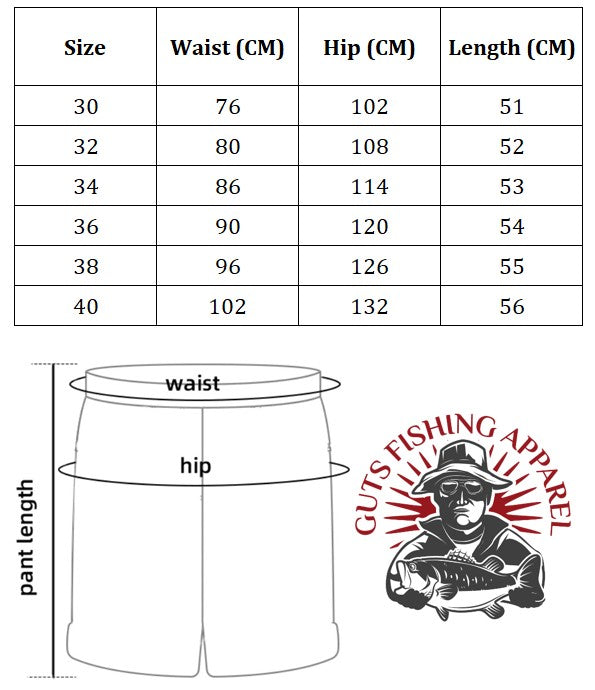 A table showing the size measurements knee length shorts and the Guts Fishing Apparel logo.