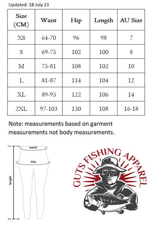 Australian Size chart for the women's waterproof fleece pants.