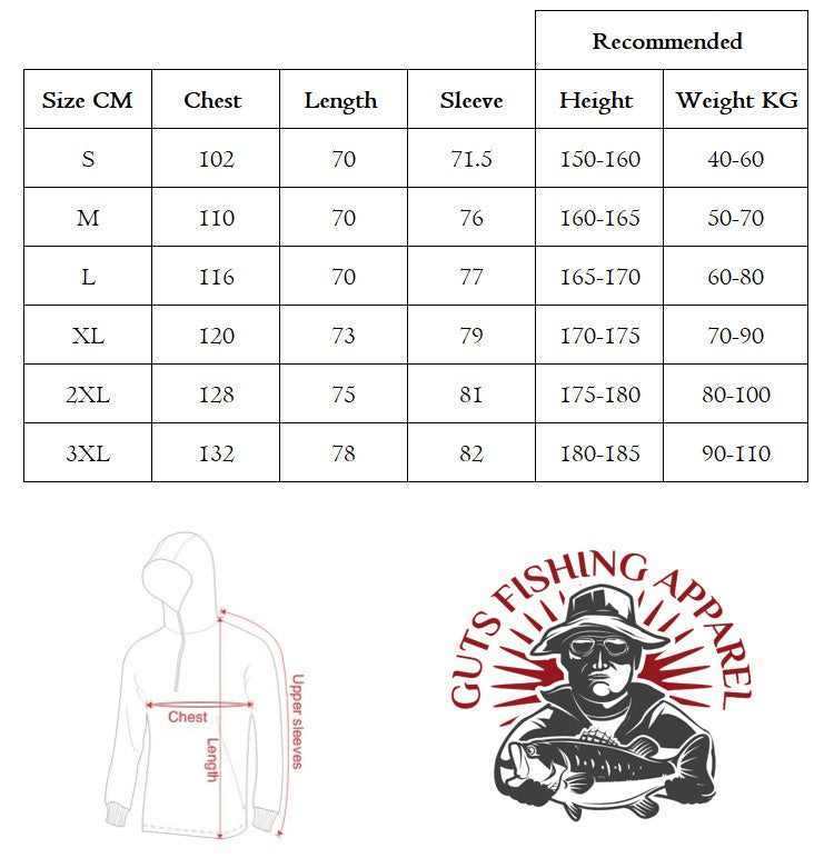 Size chart for a hoodie with Guts Fishing Apparel logo and measurement guide.