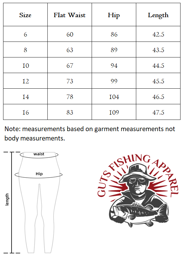 A table of measurements showing the size in centimetres for a pair of women's hiking shorts.  