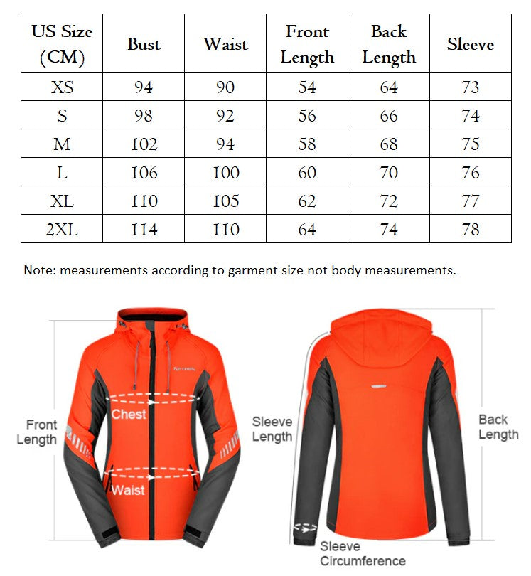 Size Chart showing all the measurements of the Women's Kutook Softshell Hiking Jacket.