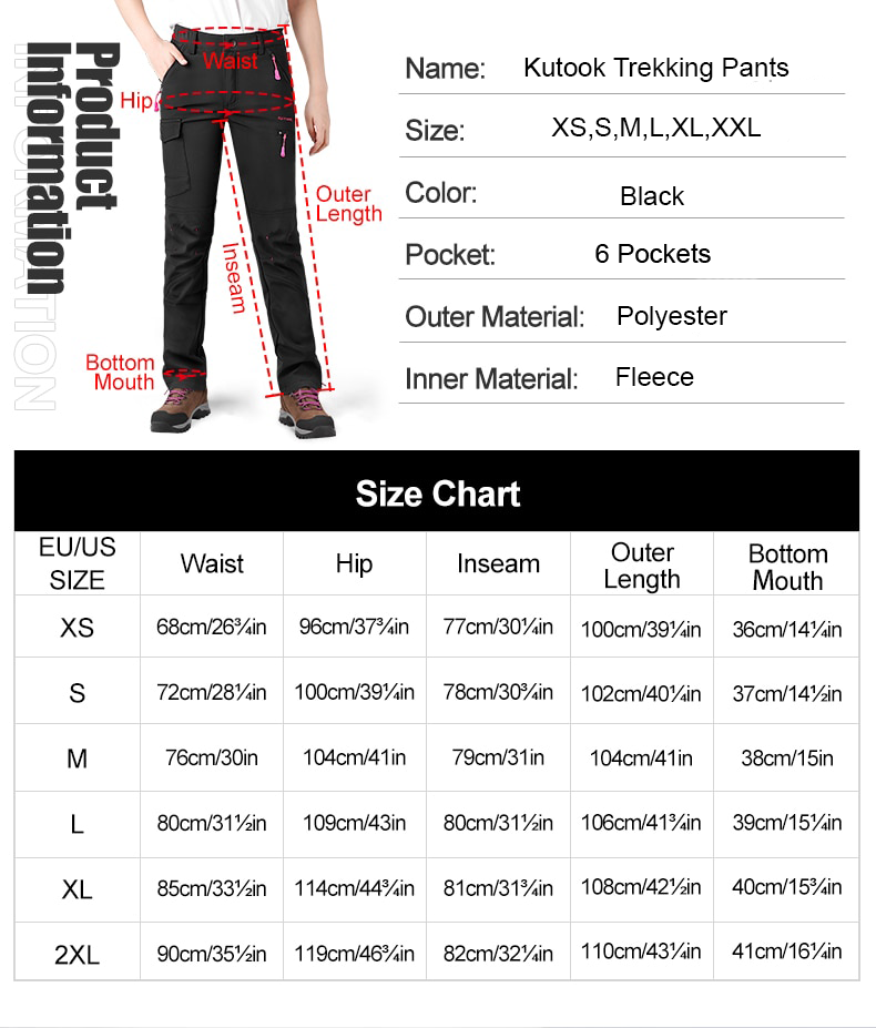 size chart showing women's pant size measurements. 