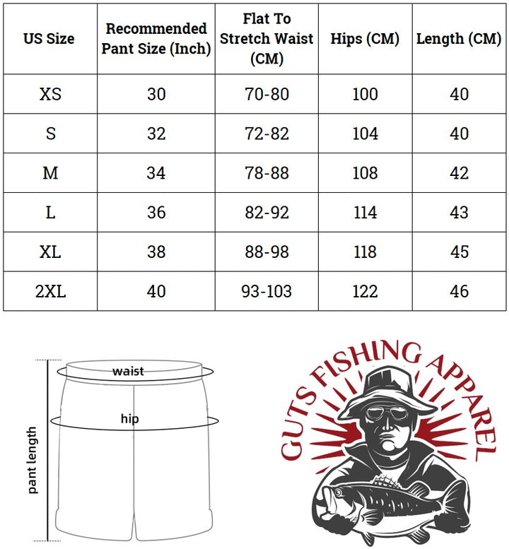 Size chart for a pair of men's swim shorts and guts fishing apparel logo.