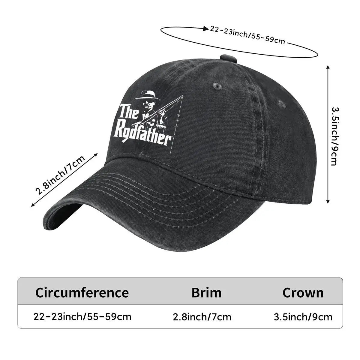 Black cap with 'The Rodfather' logo and measurements on a white background.