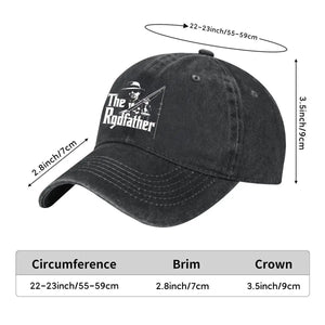 Black cap with 'The Rodfather' logo and measurements on a white background.