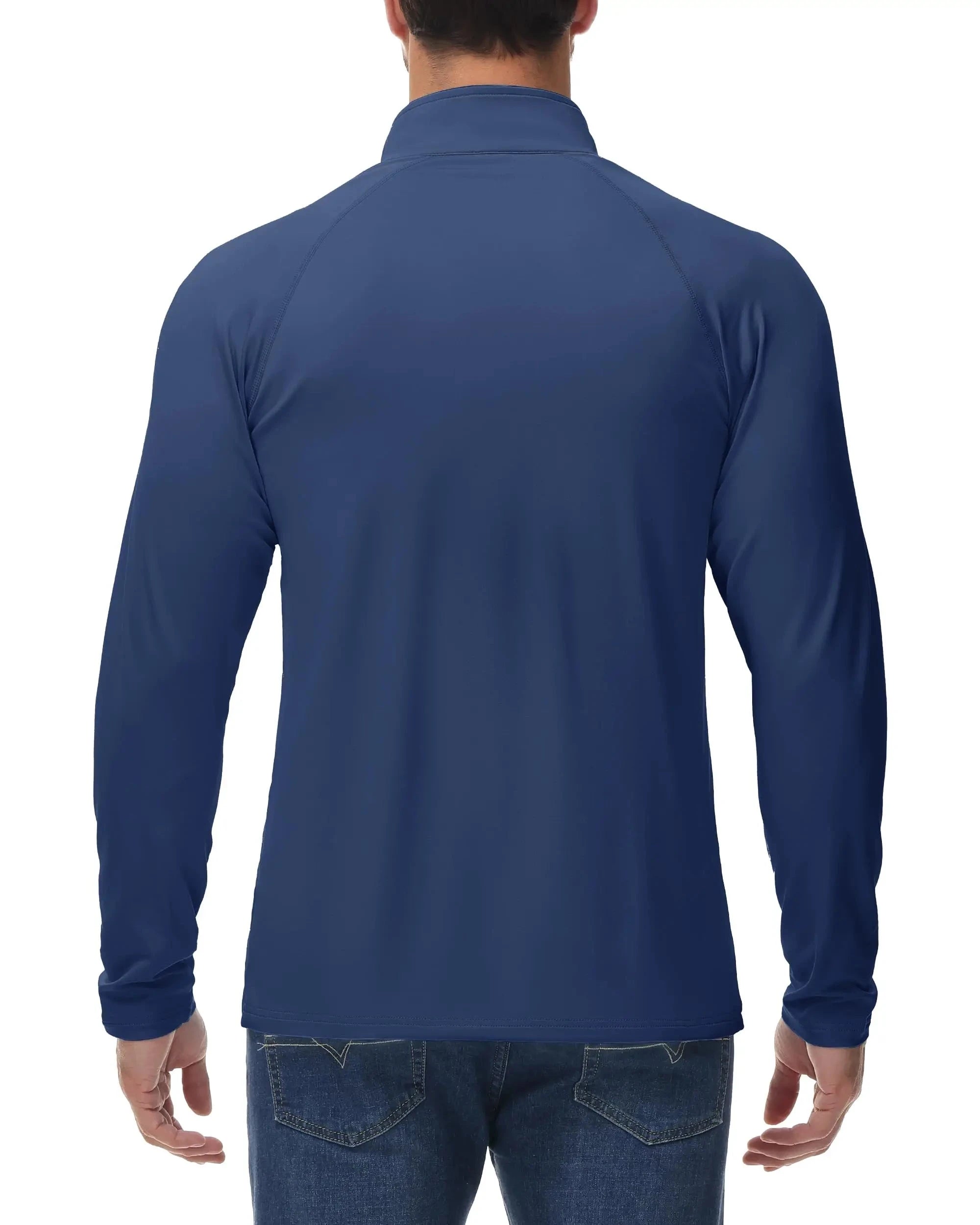 Man with back turned wearing a navy thermal shirt with raglan sleeves. 