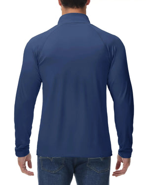 Man with back turned wearing a navy thermal shirt with raglan sleeves. 