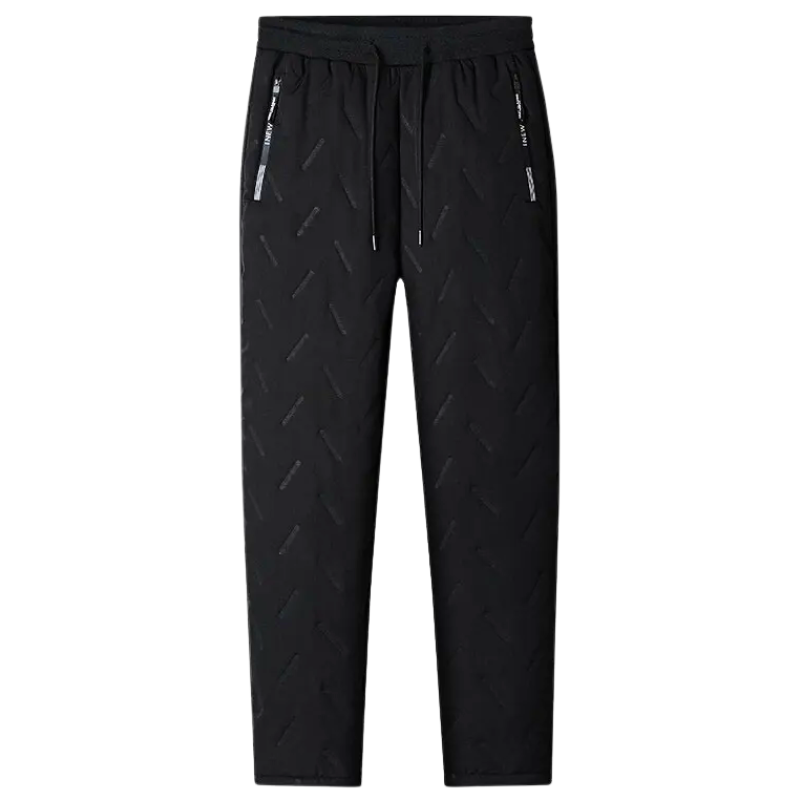 Black pants with zip pockets and elastic drawstring waistband. 