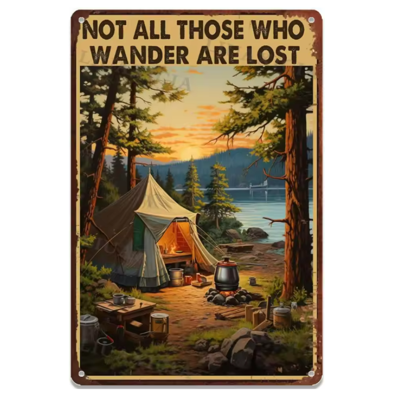 Camping by  a lake in the woods tin metal sign.