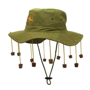 Hat with corks hanging from it. 