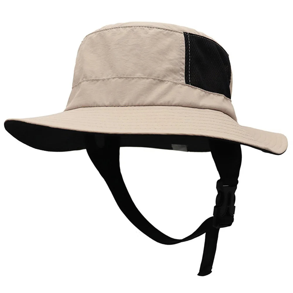Beige bucket hat with a chin strap and ventilation on the sides. 