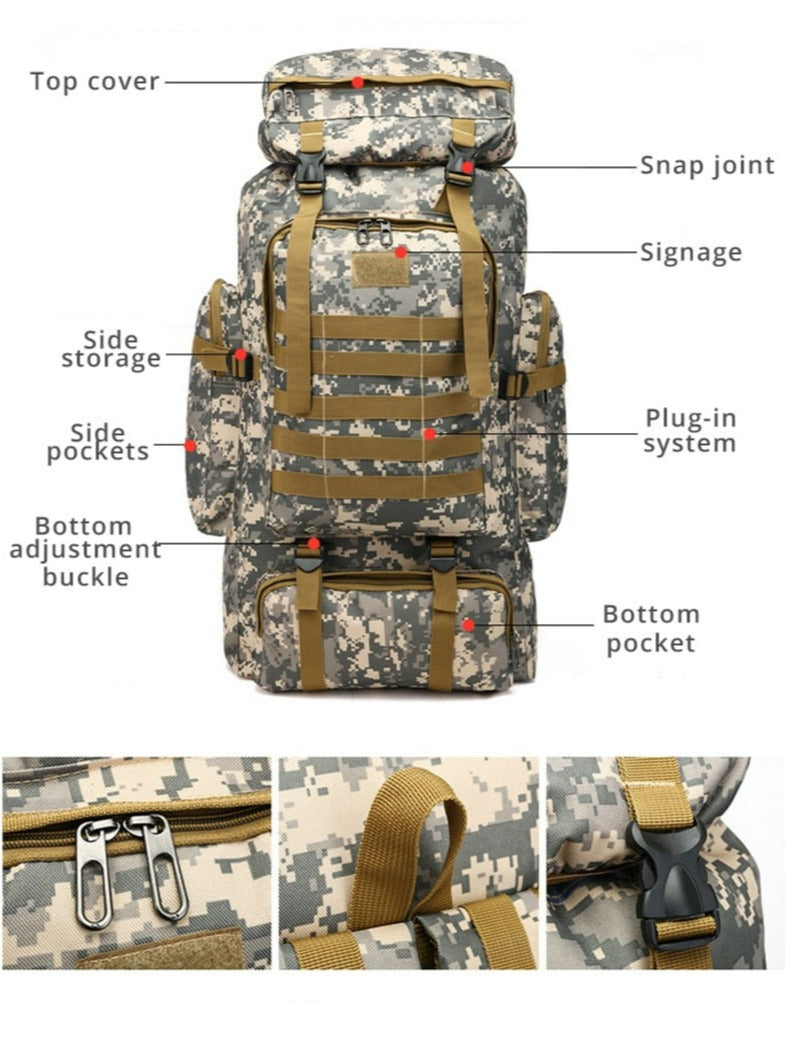 Durable waterproof backpack with many features on display.
