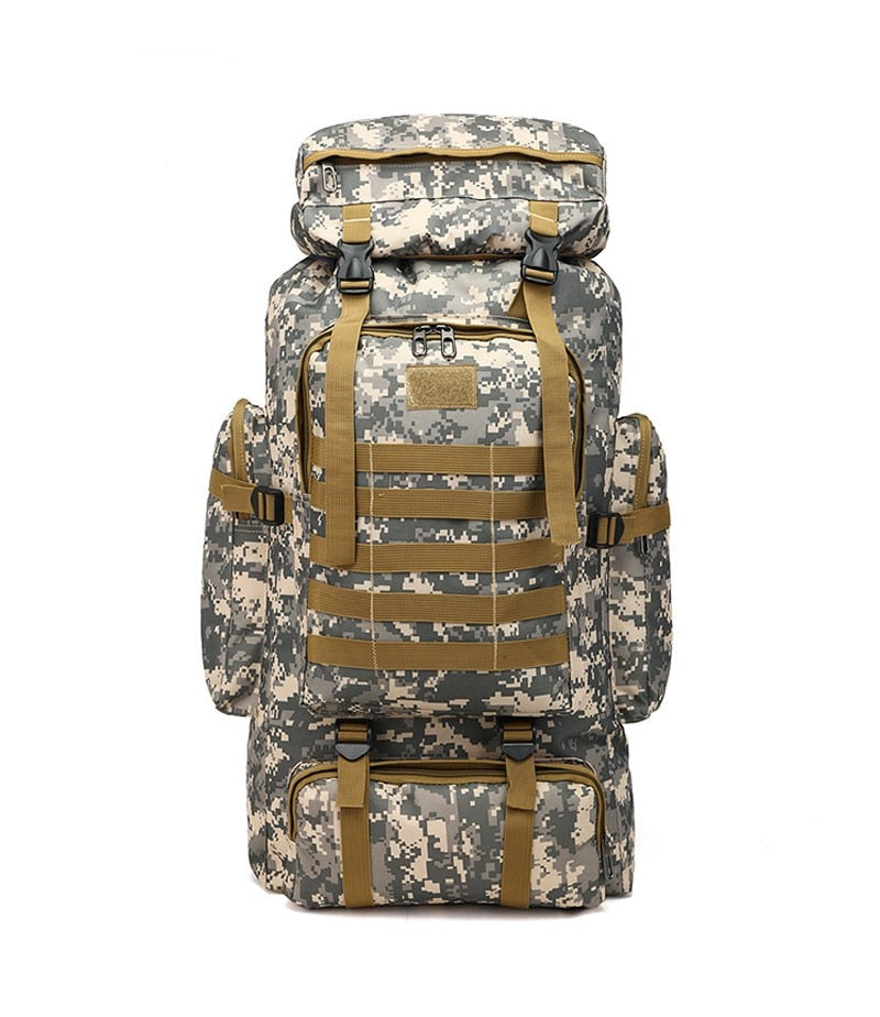 Large capacity tactical backpack with multiple zip pockets. 