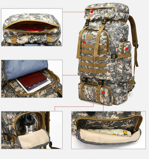 Diagram of backpack showing multiple external pockets.