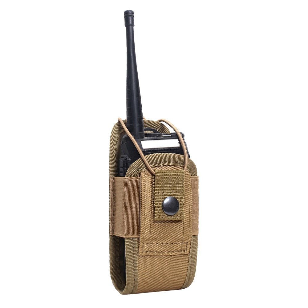 Khaki Walkie Talkie pouch with black walkie talkie inside. Adjustable size to carry most small to medium size walkie talkies.