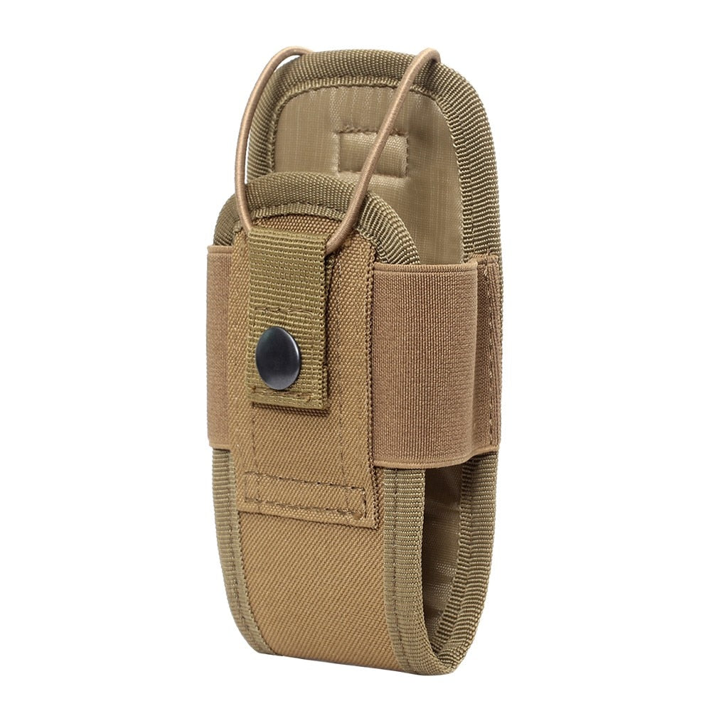 Khaki walkie talkie holder with adjustable size elastic and button down closure. 