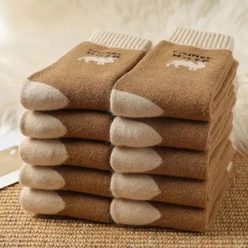 Warm socks made from Camel hair. Brown and cream with a picture of a camel.