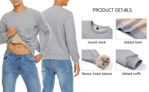 Front and back profile of a male model wearing a grey sweatshirt with a warm fleece lining and blue denim jeans.