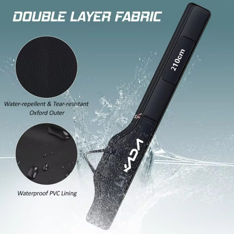 Black fishing bag with double layer waterproof fabric features on a grey background.