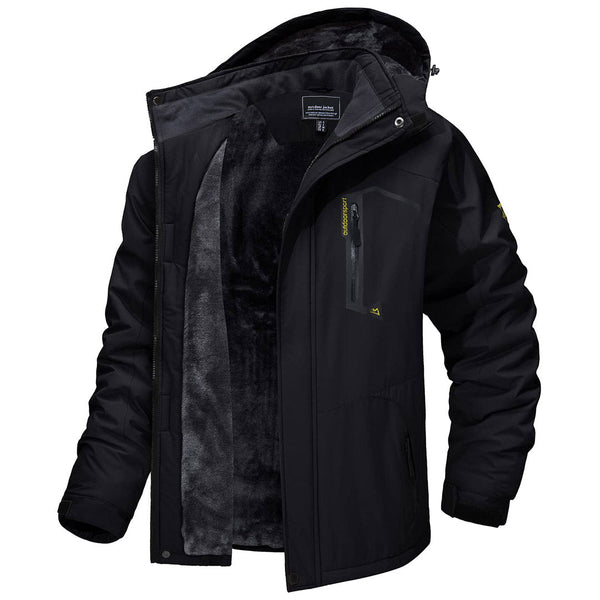 Waterproof jacket with fleece lining, men's size, black, with zip pockets.