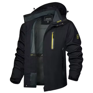 Black waterproof spray jacket with zip pockets.