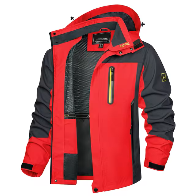 Red waterproof rain jacket used for hiking and fishing.