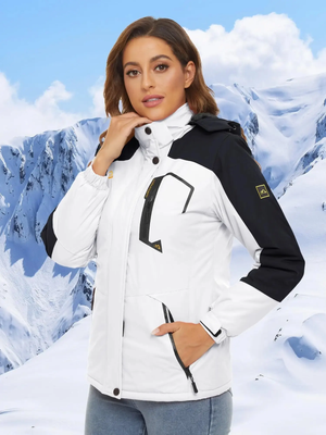 Female model in the snow wearing a warm white and black waterproof fleece lines jacket. 