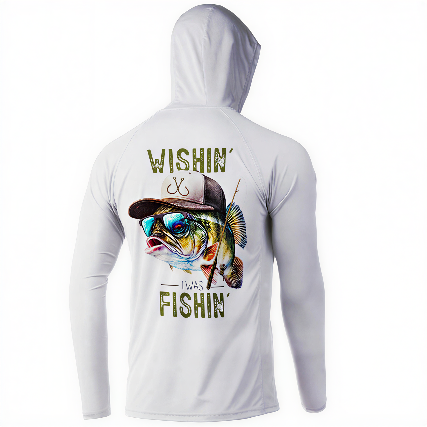 White hoodie with fishing-themed design on the back, featuring a fish wearing sunglasses and a hat.