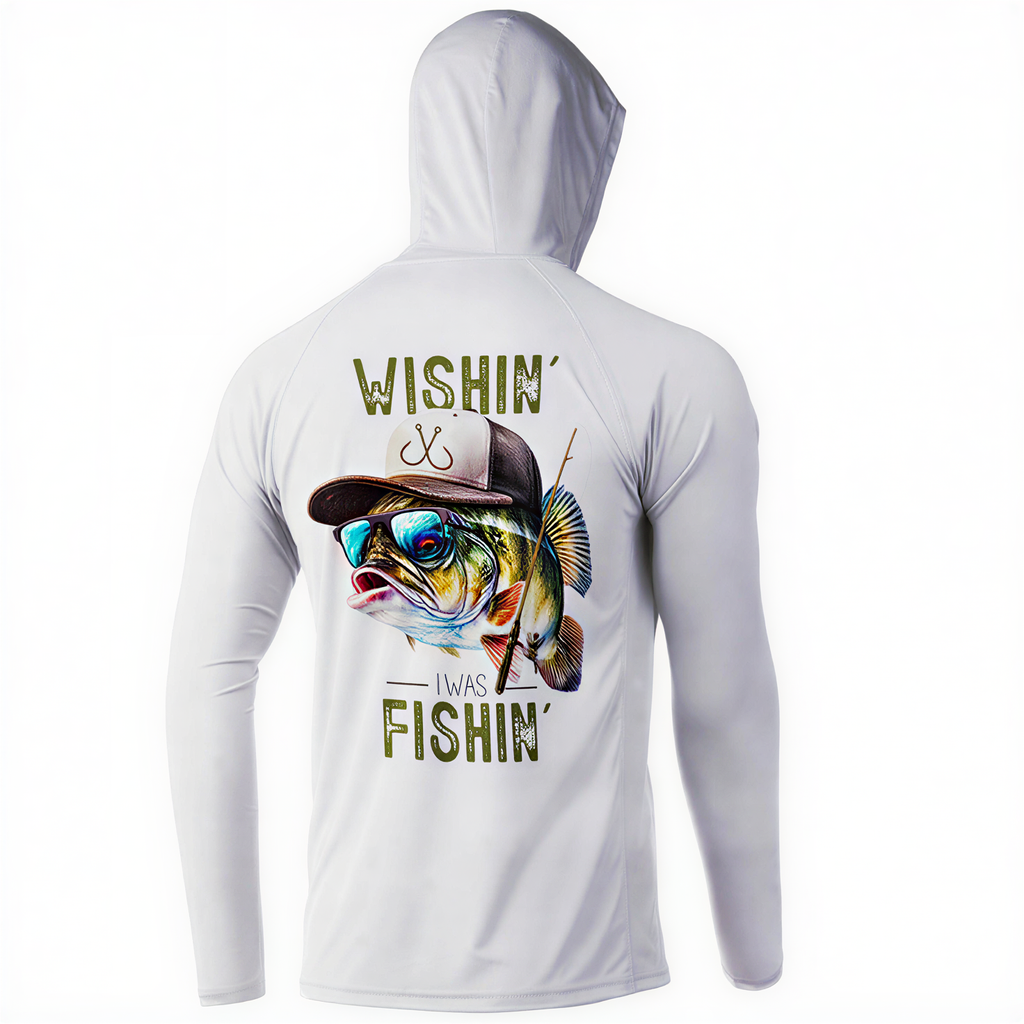 White hoodie with fishing-themed design on the back, featuring a fish wearing sunglasses and a hat.