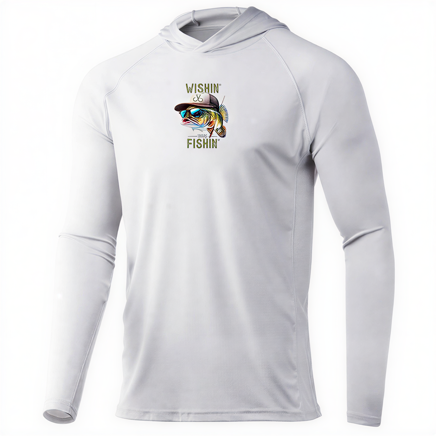 White long-sleeve hoodie with fishing-themed graphic and text on a white background.