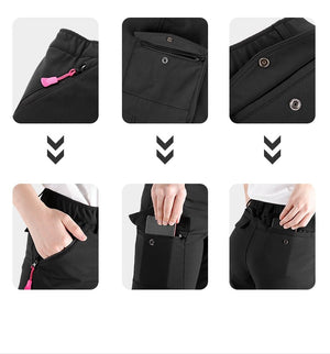 Women's pants with multiple zip and button down pockets. 