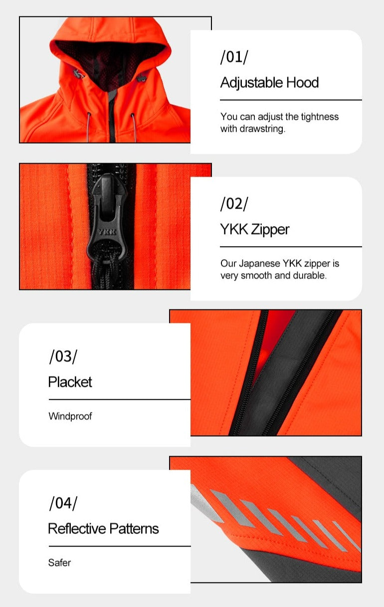 Women's orange mountaineering jacket with adjustable hood, YKK zips, placket and reflective strips.