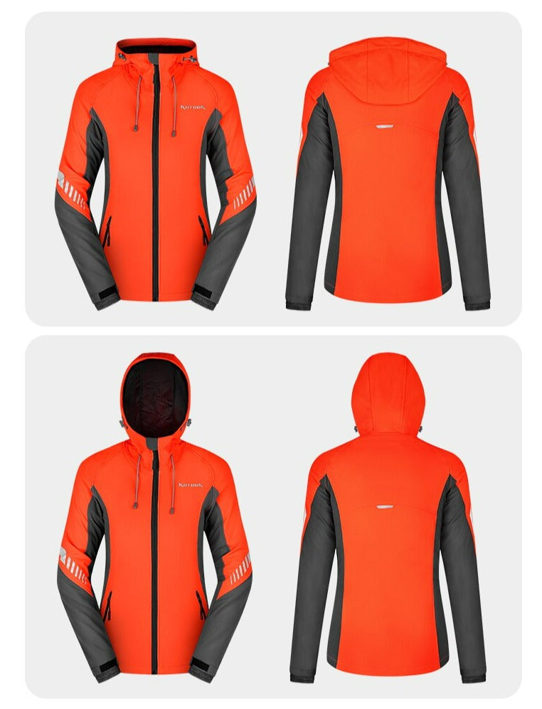 Women's orange waterproof softshell fleece lined jacket used for outdoor sports like running and hiking in winter. Front and back profile one with hood up and the other with hood down.