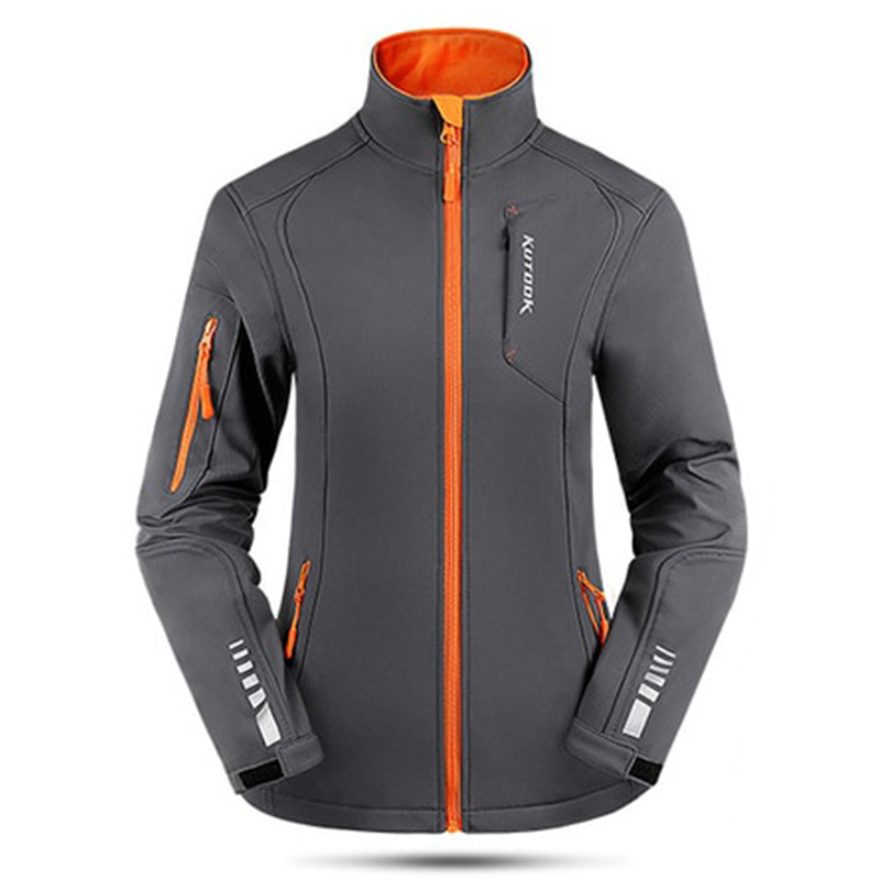 Women's softshell fleece hiking jacket. Grey with orange highlights. Waterproof with zip pockets.