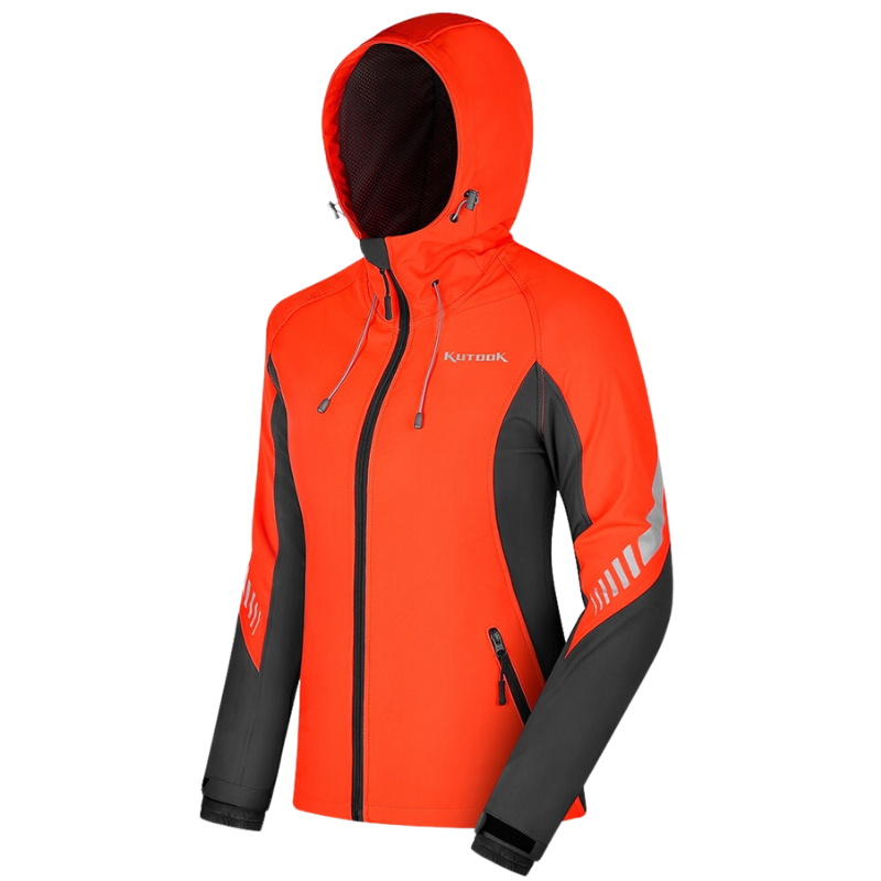 Women's waterproof softshell fleece lined jacket with hood. Orange and black with zip pockets.