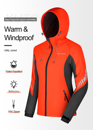 warm and windproof women's hiking jacket with hood, zip pockets and fleece lining. Stylish orange and black design.