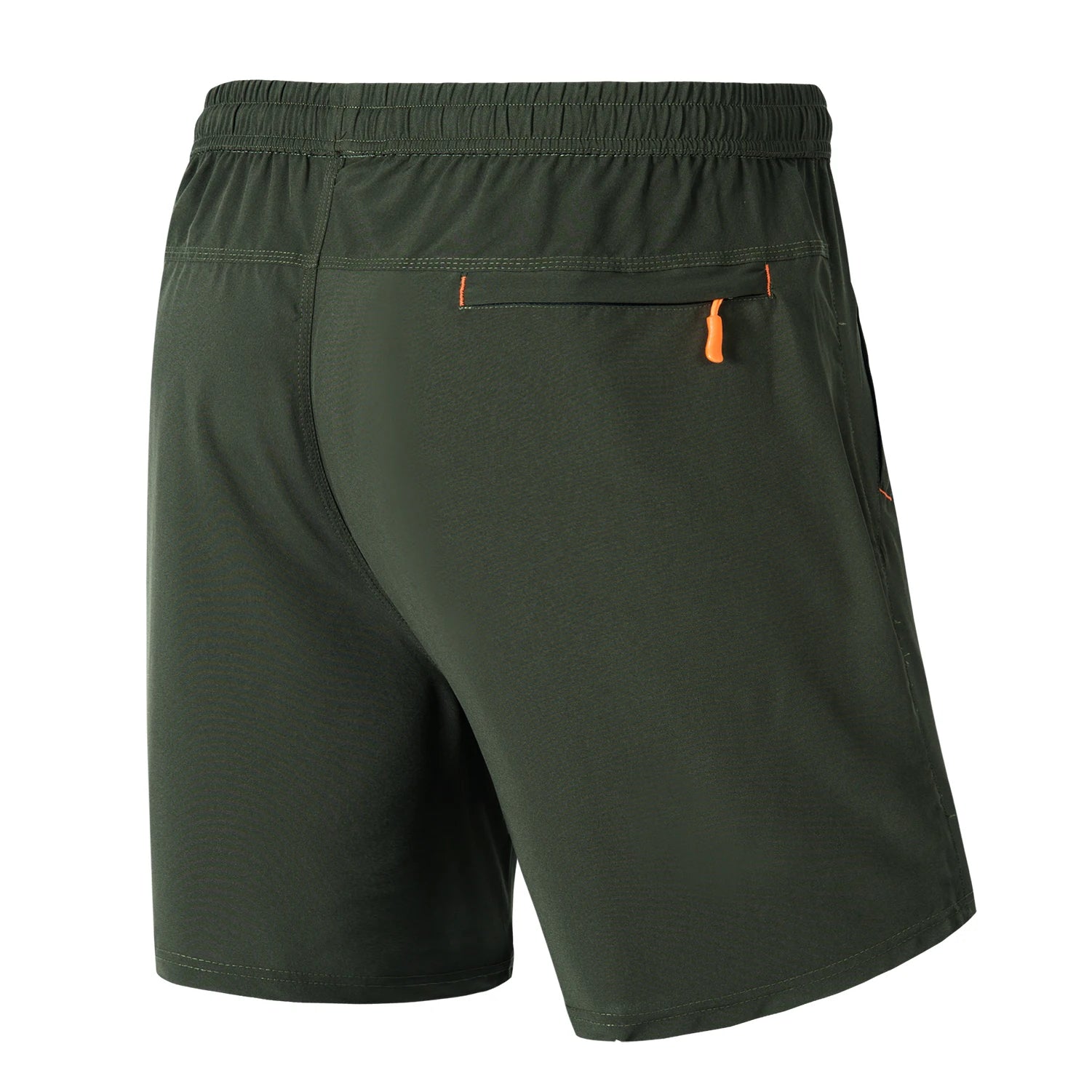 Green shorts with orange zippers on the back displayed on a white background.