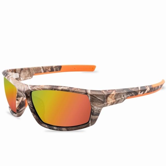 Polarised sunglasses with camouflage frame and amber lens.